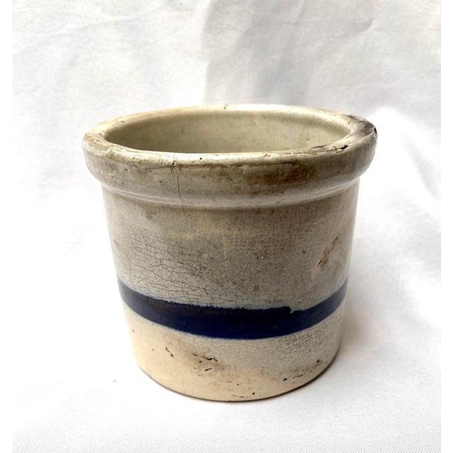Vintage Blue Stripe Stoneware Crock/Salt For Sale - Image 4 of 11