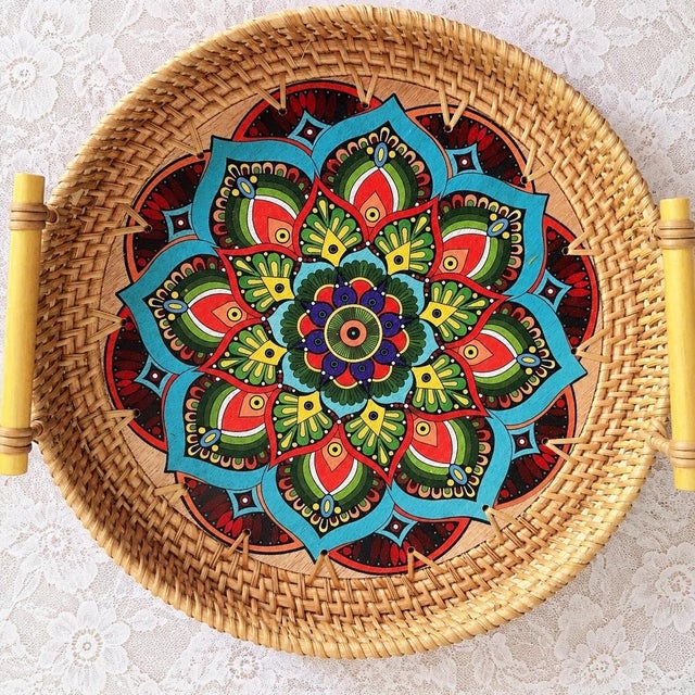 2020s Set of Three Hand Painted Mandala Flower Pattern Rattan Round Trays With Handles For Sale - Image 5 of 8