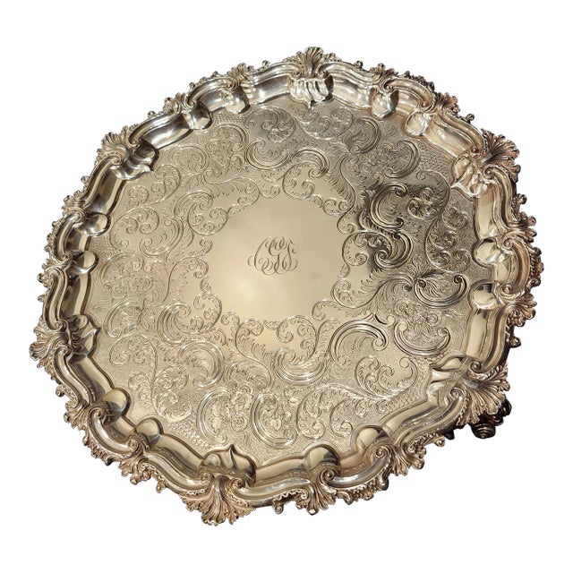 Antique Round Silverplate Tray For Sale