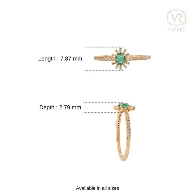 Art Deco Sunburst Emerald & Baguette Diamond Promise Ring Size 4 in 14k Yellow Gold For Sale - Image 11 of 17