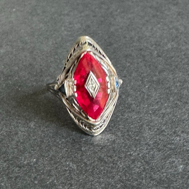 Art Deco 14k White Gold Cocktail Ring Marquis Lab Ruby Filigree Setting Vintage Size 8 For Sale - Image 12 of 12