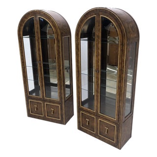 Pair Mastercraft Dome Shape Burl Wood Curio Display Cabinets w Shelves Lights For Sale