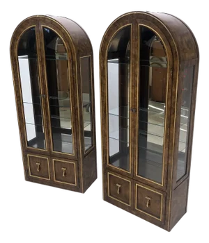 Pair Mastercraft Dome Shape Burl Wood Curio Display Cabinets w Shelves Lights