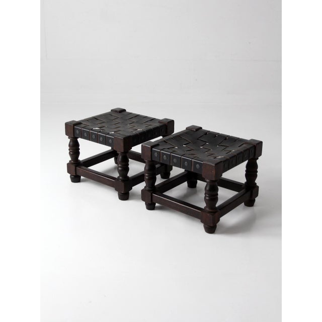 Wood Mid-Century Spanish Revival Leather Strap Stools Pair For Sale - Image 7 of 15