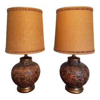 1970s Royal Haeger Orange Texture Globe Lamps - A Pair For Sale