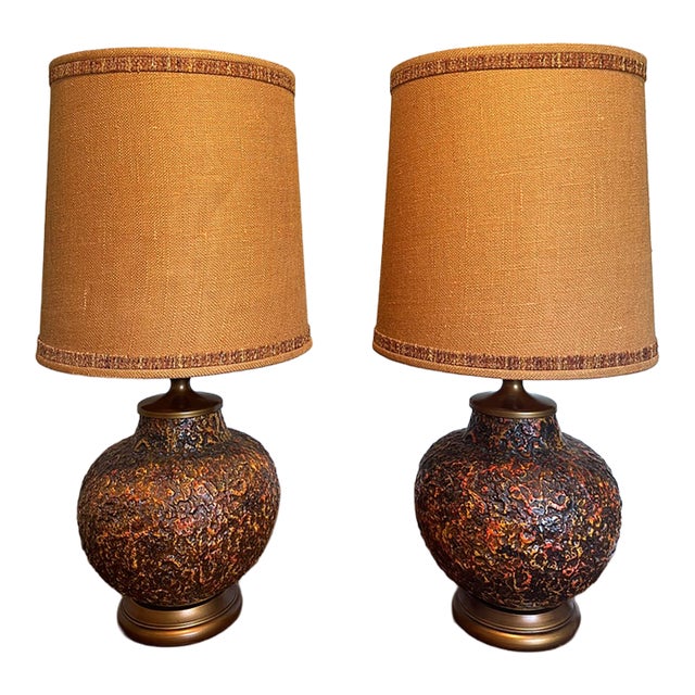 1970s Royal Haeger Orange Texture Globe Lamps - A Pair For Sale