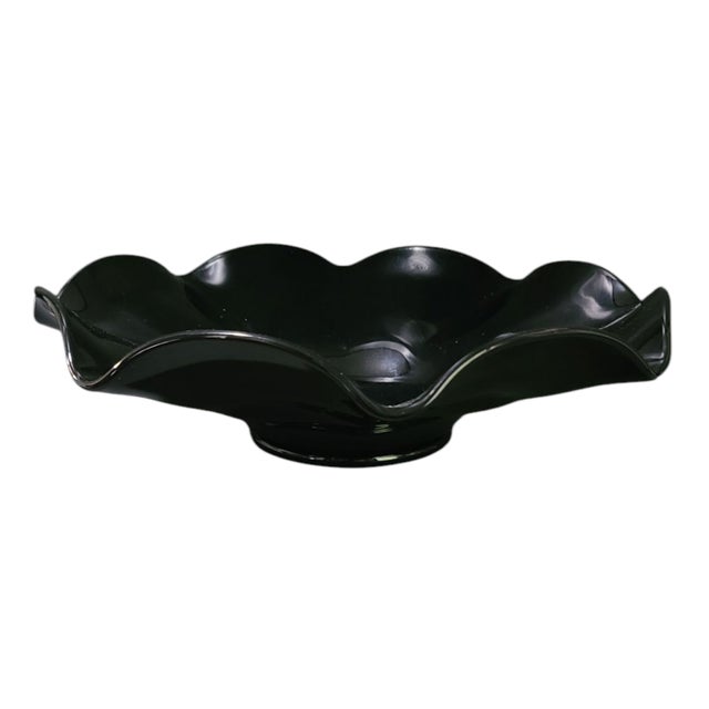 Mid 20th Century Vintage Art Deco Retro Black Art Glass Scalloped Edge Center Piece Bowl Platter For Sale - Image 5 of 5