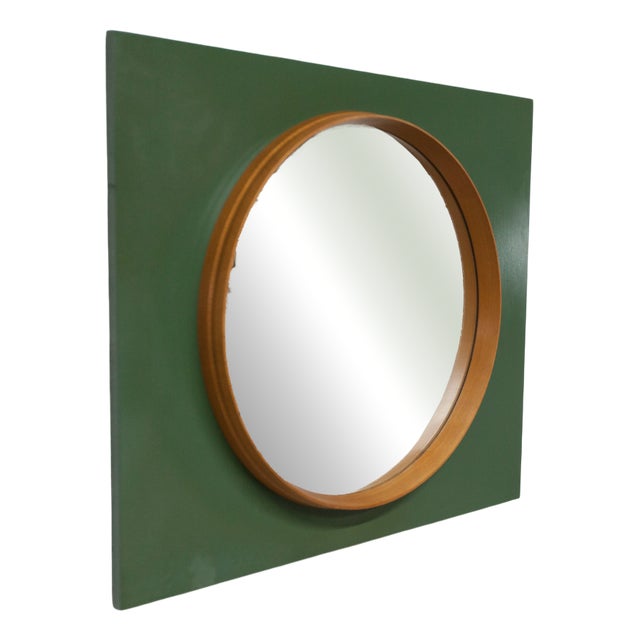 Round Wall Mirror with Teak Edge on a Green Rectangular Board, 1960s For Sale