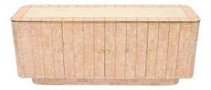 Mid 20th Century Rounded Corners Tessellated Stone Brass Inlay 4 Doors Credenza