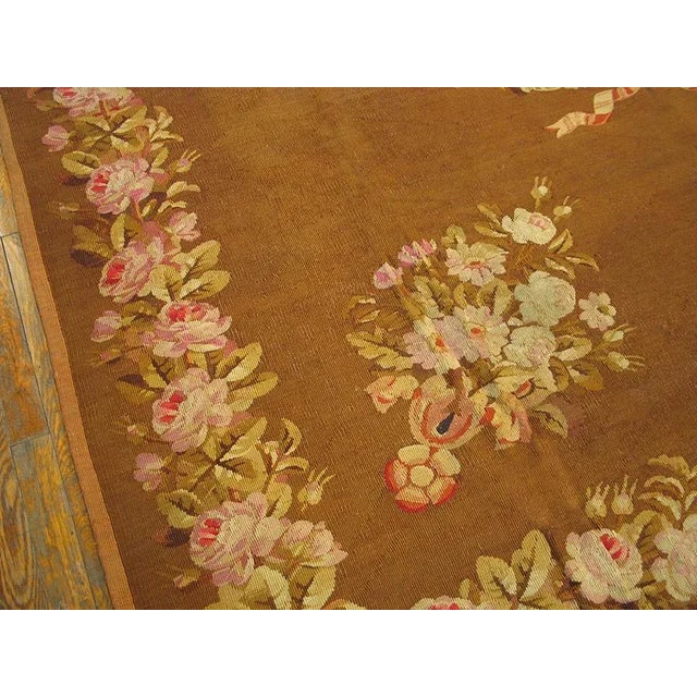 1830s Brown Floral Antique French Empire Aubusson Carpet 8' X 9'3" Flatweave Wool Rug For Sale - Image 4 of 9