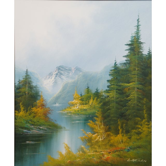 Late 20th Century Vintage Lantren Forest Lake Mountain Landscape Oil Painting 32" For Sale - Image 5 of 10