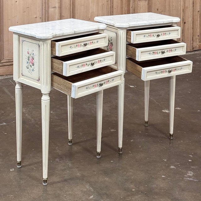 Late 20th Century Pair French Louis XVI Painted Side Tables ~ Nightstands With Carrara Marble For Sale - Image 15 of 18