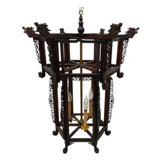 Chinese Carved Hardwood Three Light Lantern With Dragon Detail For Sale