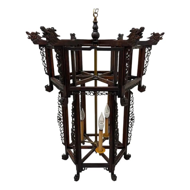 Chinese Carved Hardwood Three Light Lantern With Dragon Detail For Sale