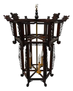 Chinese Carved Hardwood Three Light Lantern With Dragon Detail