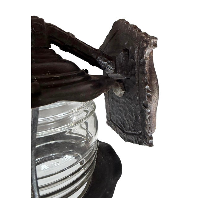 American Circa 1920’s Hammered Iron and Brass Glass Jar Outdoor Wall Sconce For Sale - Image 3 of 6