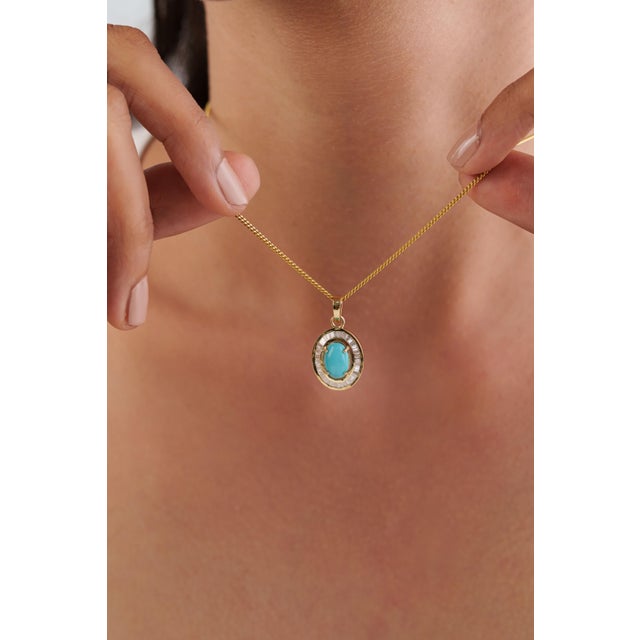 Art Deco 1.43ct Turquoise & Baguette Diamond Halo Pendant in 14k Gold For Sale - Image 10 of 14