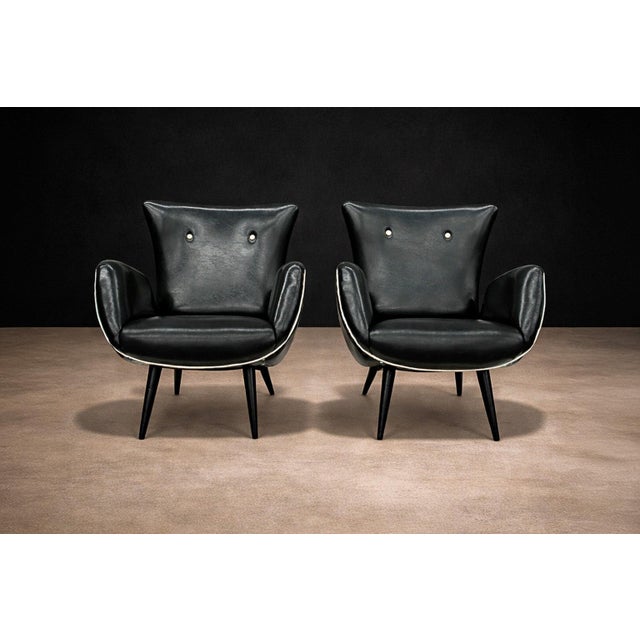 Pair of Armchairs in & Faux Black Leather, Unknown, 1950s For Sale - Image 4 of 9
