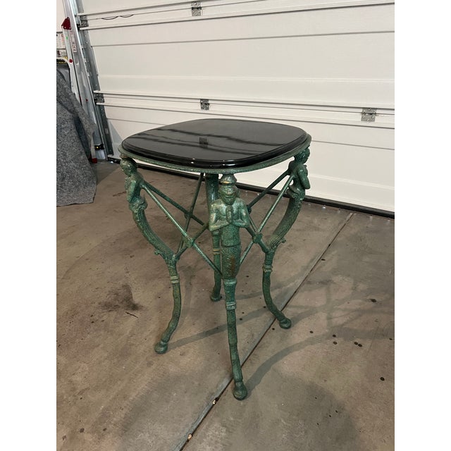 1980s Victorian Vintage Praying Man Ornate Pedastal/Accent Table Metal and Base For Sale - Image 5 of 10