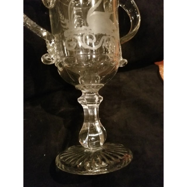 Very beautiful antique etched glass celery vase with applied blown glass handles and hand etched swan, foliage and writing.