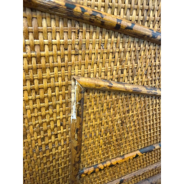 1970s Vintage British Colonial Style Faux Tortoise Bamboo & Woven Rattan Queen Bed For Sale - Image 5 of 12