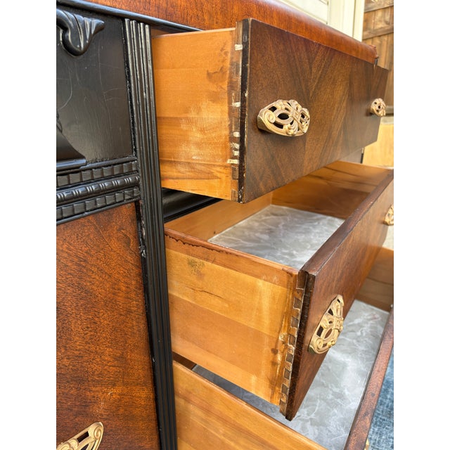 Vintage Art Deco Waterfall Sideboard or Buffet Featuring Burl Wood Veneers, Black-Painted Accents, and Ornate Brass Hardware For Sale - Image 4 of 12
