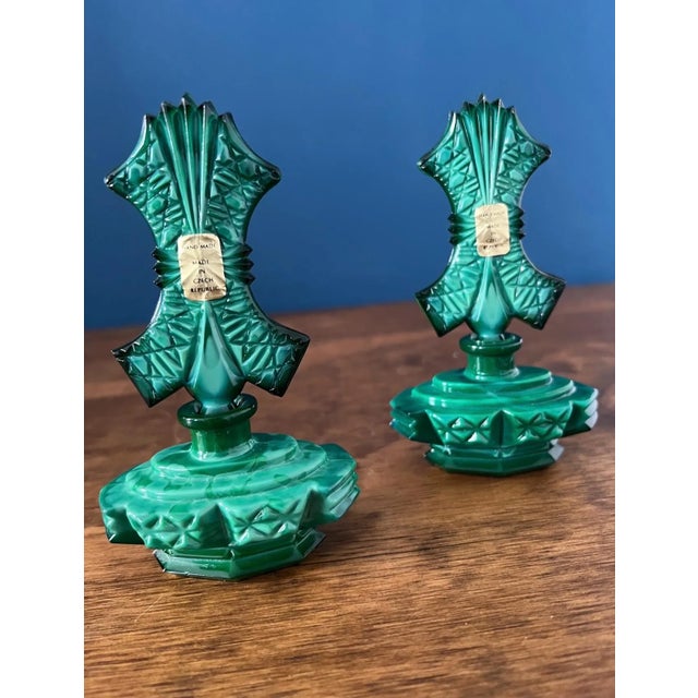 Art Deco Malachite Glass Perfume Bottles Pair For Sale - Image 17 of 18