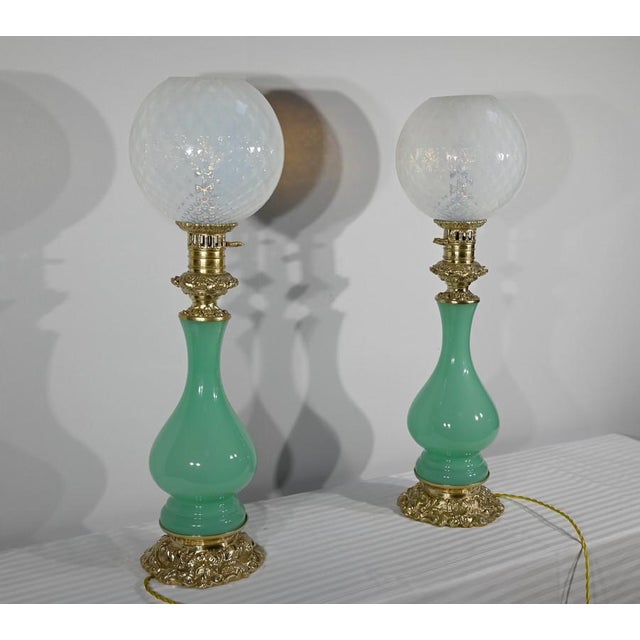 Opaline Glass and Bronze Table Lamps, Late 19th Century, Set of 2 For Sale - Image 3 of 18