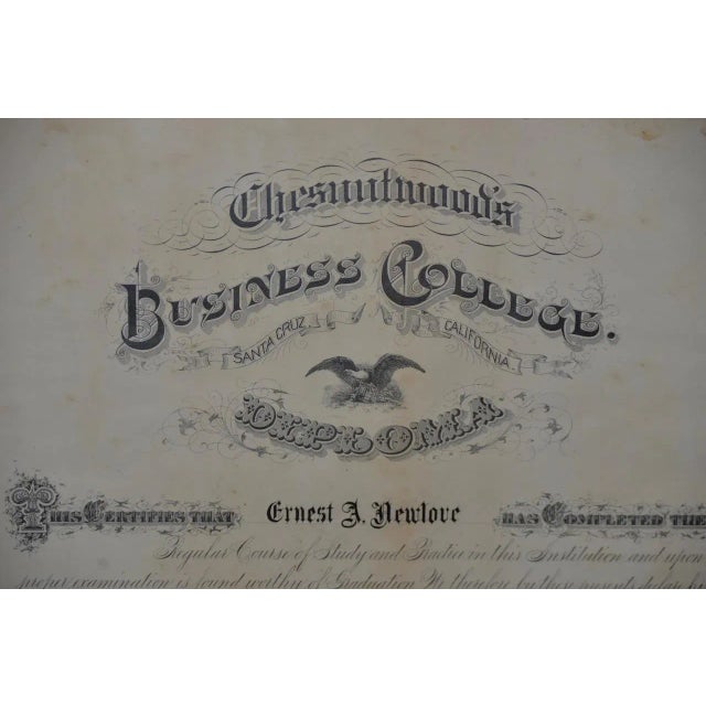 American Century Old Business College in Santa Cruz, California Framed Diploma C.1904 For Sale - Image 3 of 9