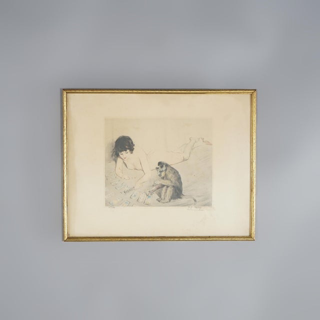 Arts & Crafts Antique French PE Felix Colored Lithograph of a Nude Playing Cards with a Monkey For Sale - Image 3 of 9