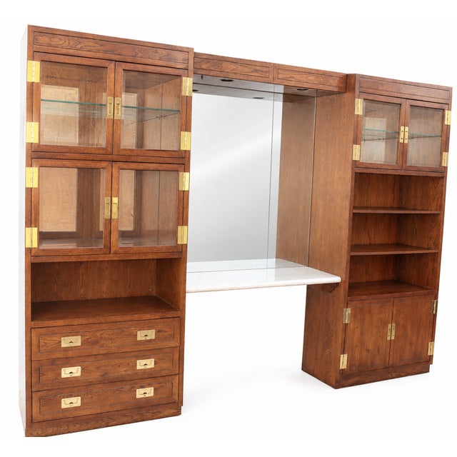 Campaign 1970s Campaign Vintage Henredon Oak Wall Unit With Marble Counter and Mirrored Cabinets For Sale - Image 3 of 12
