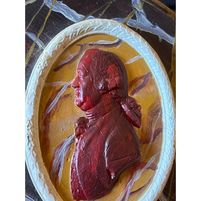 Vintage Neoclassical Faux Marble Cameo Plaque With Painted Intaglio of Josiah Wedgwood I For Sale - Image 10 of 13