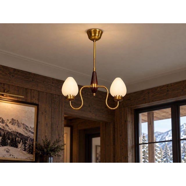 Swedish Mid-Century Modern, Pendant Light, Wood, Brass, Glass, 1960s A Scandianvian pendant light designed and produced in...