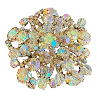 Vintage Aurora Borealis Ab Crystal Cha Cha Brooch Attributed to Juliana Rhinestone Pin Iridescent For Sale