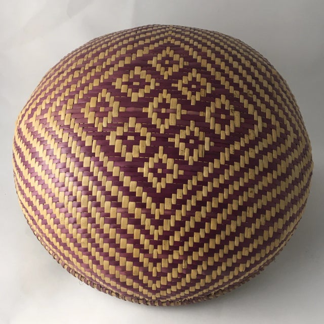 Mid 20th Century Vintage Geometric Purple + Natural Woven Basket For Sale - Image 5 of 6