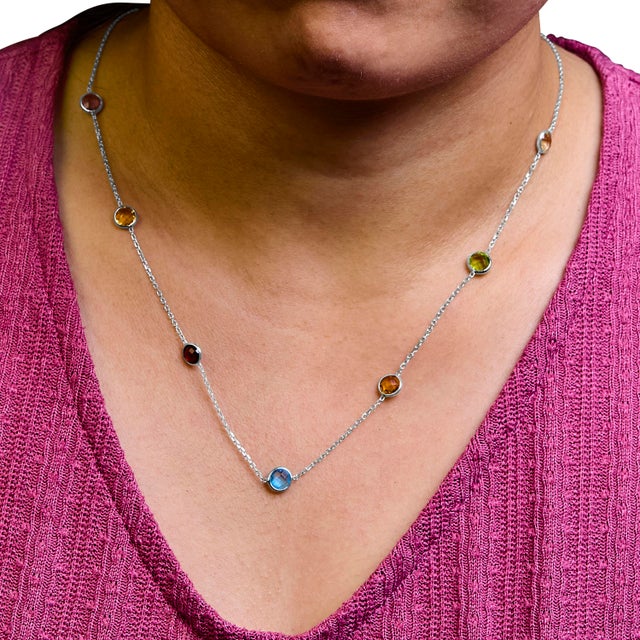 2020s 14K White Gold Bezel Set Mixed Gemstone 7 Station Adjustable 18"-24" Necklace For Sale - Image 5 of 6