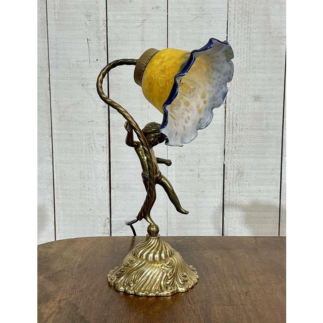 Bronze Lamp with Glass Paste Tulip Shade, 1970s For Sale - Image 3 of 11