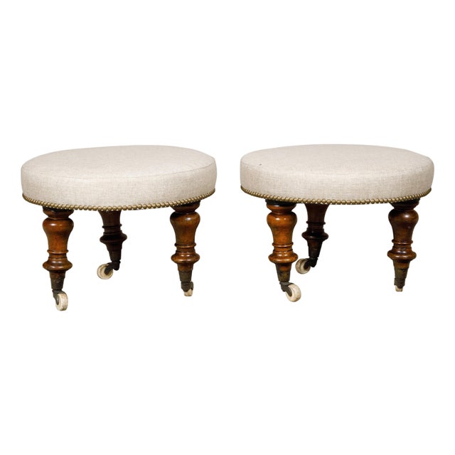 Pair of English Mahogany Stools with 19th Century Turned Legs on Casters For Sale