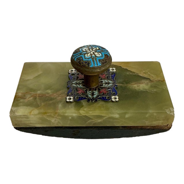 Antique Champlevé & Green Onyx Desk Rocker Blotter – French Enamel Letter Rocker For Sale