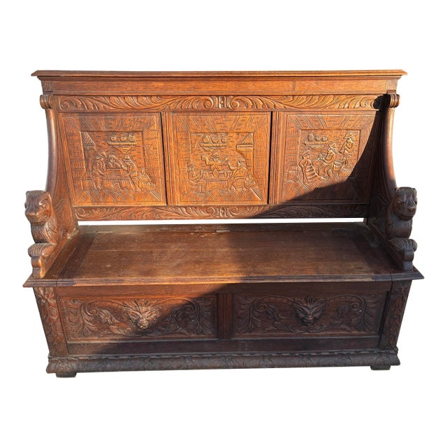 Mid 19th Century Victorian Oak Monk's Bench or Settle With Carved Lion Arms and a Hinged Seat For Sale