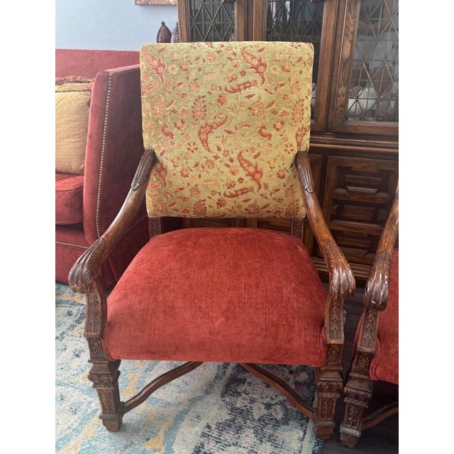 Vintage Set of 2 Carved Wood Upholstered Armchairs Great condition no smells no tears in the fabric. Add timeless...