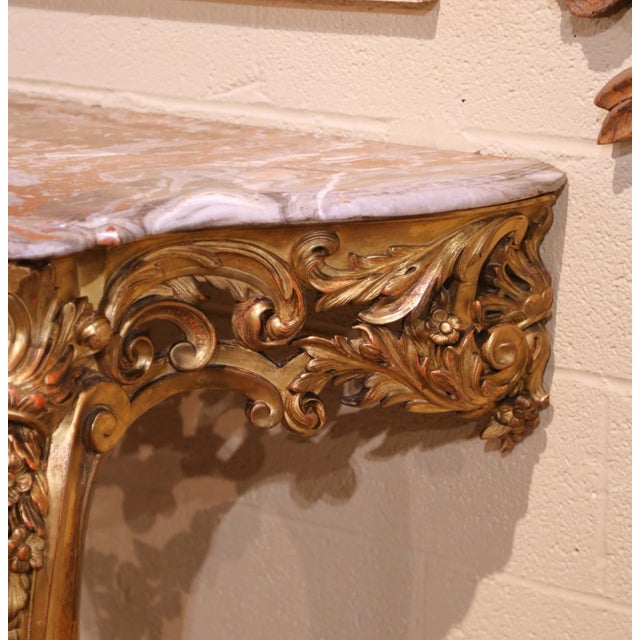 Gold Early 19th Century French Louis XV Rococo Giltwood Console With Rouge Marble Top For Sale - Image 8 of 18