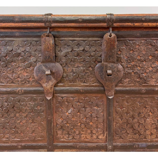 Vintage Indian Carved Wood Dowry Trunk Wedding Trunk For Sale - Image 9 of 13
