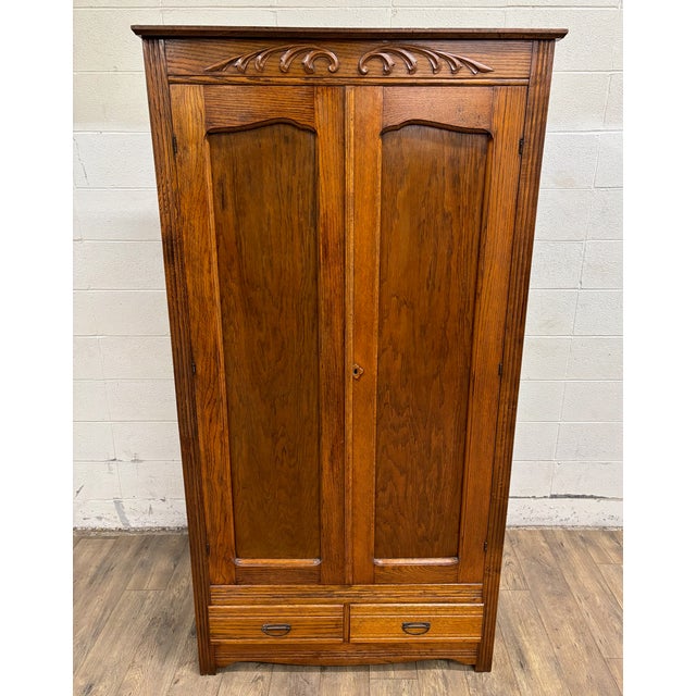 Victorian Antique Tiger Oak Carved Victorian Armoire Wardrobe Closet For Sale - Image 3 of 12