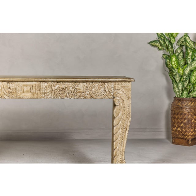 Mughal Style Painted Console Table with Foliage Carved Apron and Legs For Sale - Image 11 of 12