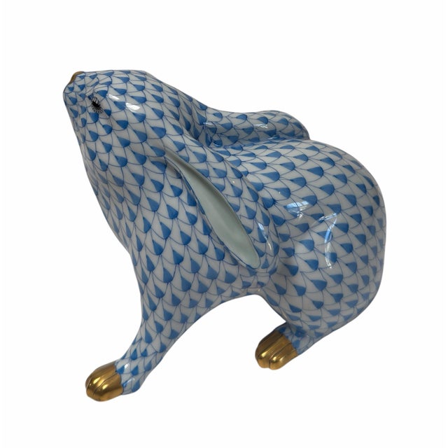 Modern Big Herend Hungarian Porcelain Blue Fishnet Bunny Rabbit Figure - Paw Up For Sale - Image 3 of 7