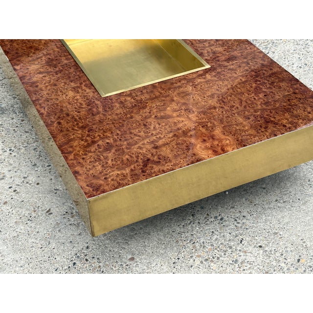 1970s Italian Coffee Table in Walnut Burl and Brass, 1970 For Sale - Image 5 of 8