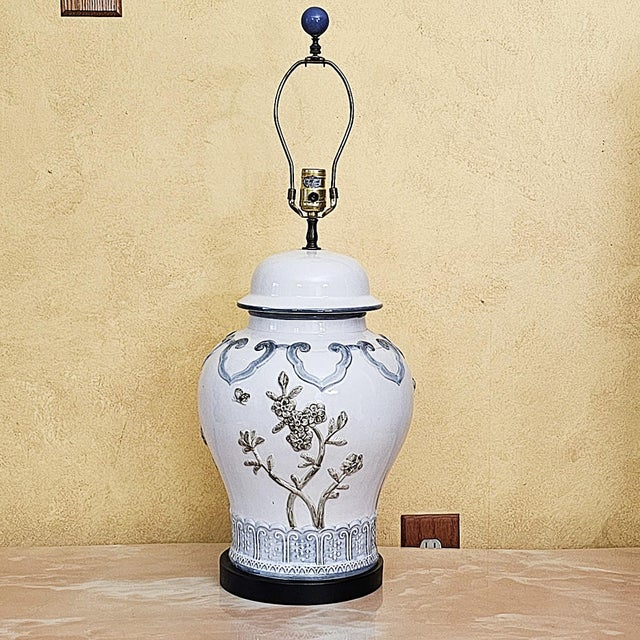 Late 20th Century Chinese Chinoiserie Porcelain Table Lamp With Relief Floral Motif & Black Shade, 30"h For Sale - Image 16 of 18