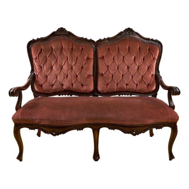 Vintage Sofa in Carved Wood and Velvet For Sale