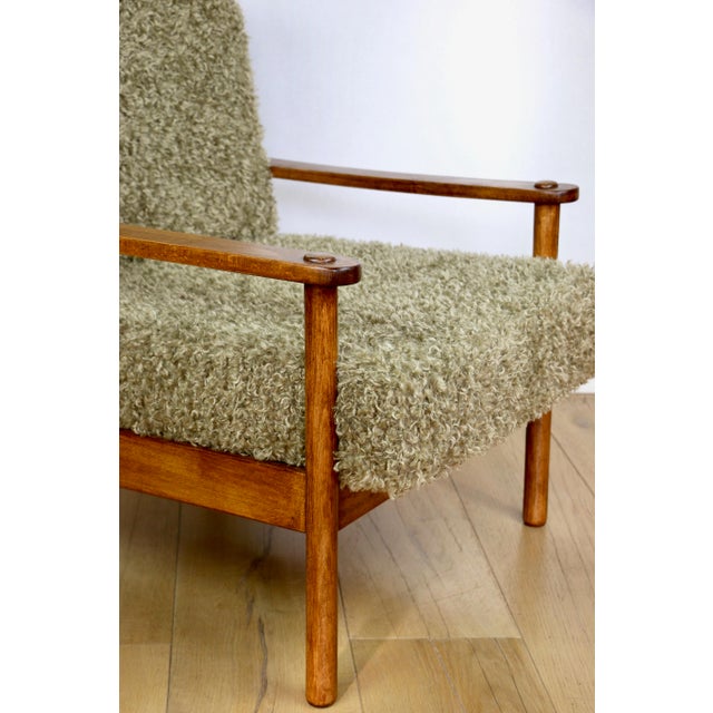 Vintage Wood Lounge Chair with Olive Green Long Pile Upholstery, 1970 For Sale - Image 12 of 13